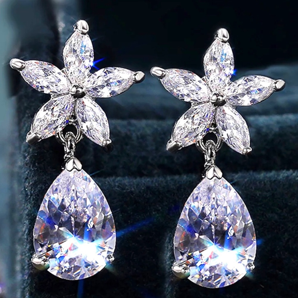Diamond Silver Pear/Flower Earrings